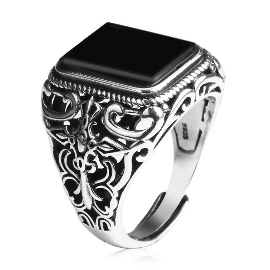 Silver Plated Black Stone Studded Adjustable Finger Ring Stylish Fashion Jewellery Gift For Men Boys : PX9R86