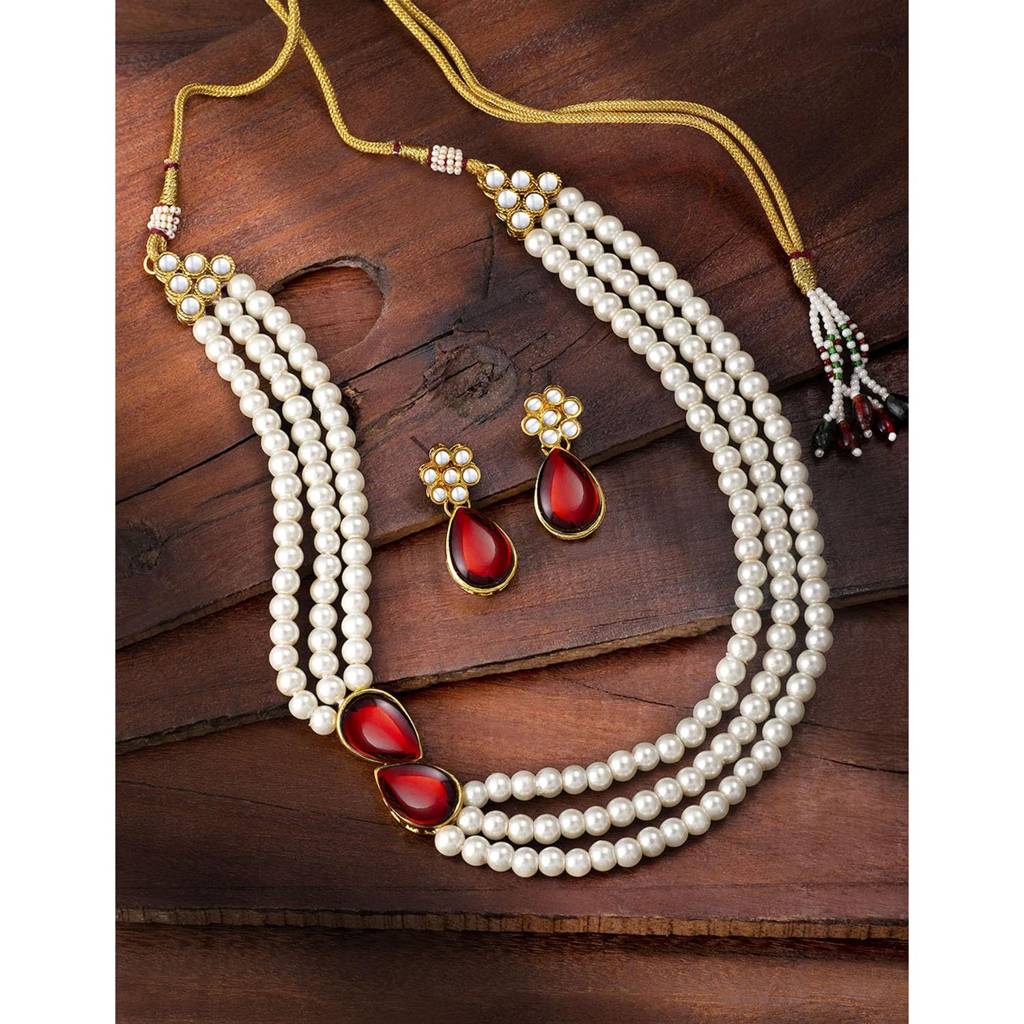 Pearl Mala Necklace & Earrings For Women Girls Traditional Ethnic Jewellery Set-Pf26N1145 : PF26N1145M