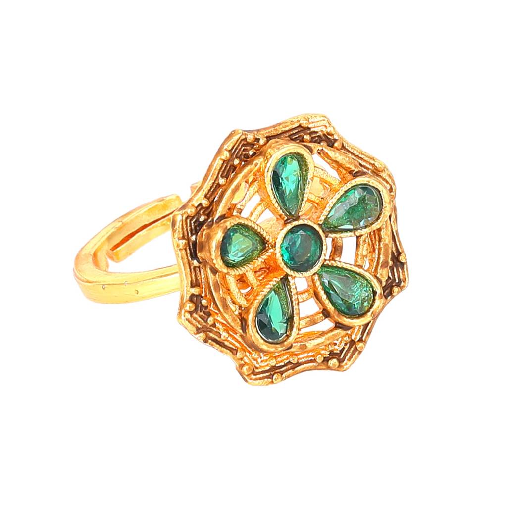 Estele Gold Plated Flower Designer Matte Finish Finger Ring With Green Crystals For Women : AD-152-IGGNRING