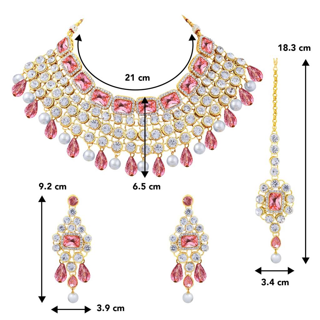 Crystal Choker Necklace With Maang Tikka Earrings Indian Traditional Bridal Wedding Jewellery Set For Women Girls : PF25N708PK
