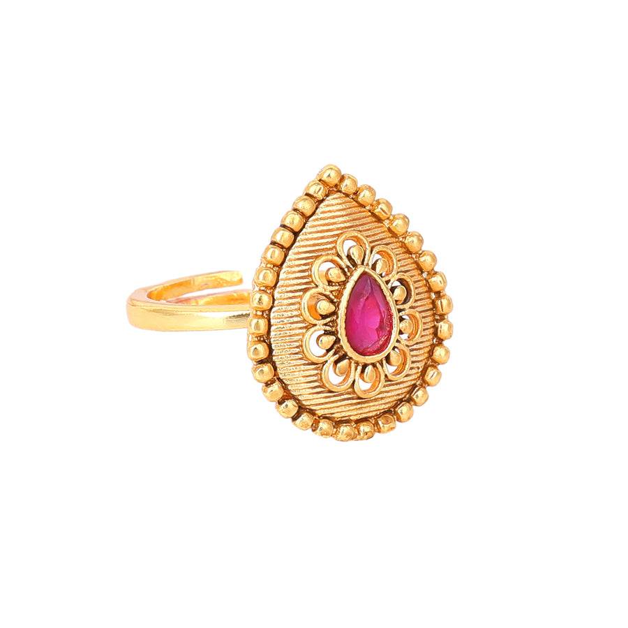 Estele Gold Plated Drop Designer Matte Finish Finger Ring With Ruby Crystals For Women : AD-146-IGRBRING