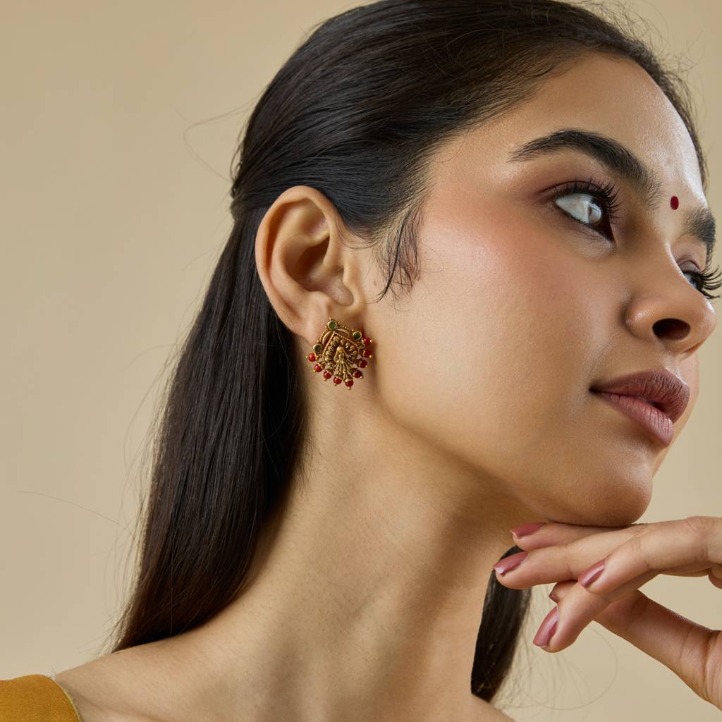 Kushal'S Fashion Jewellery Green Gold-Plated Ethnic Antique Studs-435519 : 435519