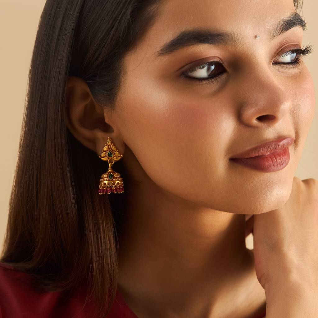 Kushal'S Fashion Jewellery Ruby-Green Gold-Plated Ethnic 92.5 Pure Silver Temple Jhumkas-174159 : 417982