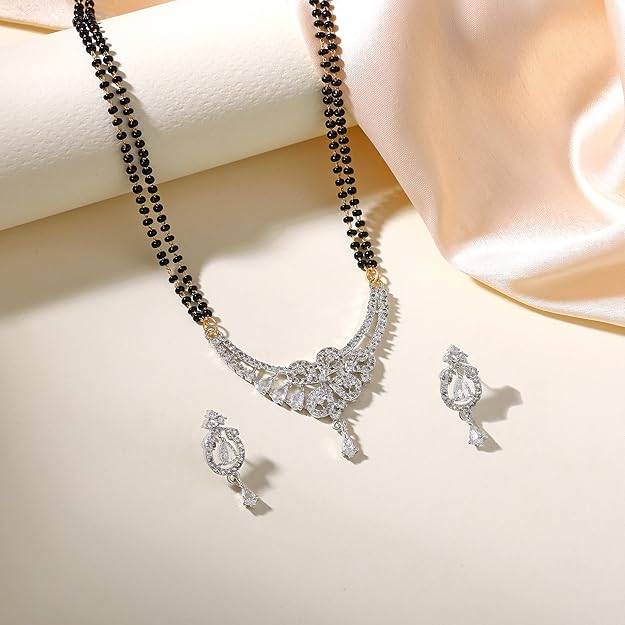 Gehena By Estele Fashion Jewelry Mangalsutra Set For Women: Rhodium Plated Exquisite Black Beaded Mangals : OSAKMS005-IRWENKER