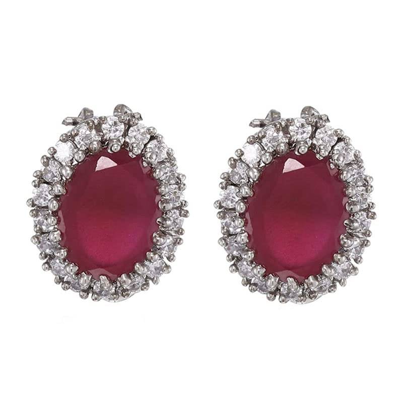 Estele Rhodium Plated American Diamond Cz Ruby Halo Stud Earrings For Women : AD-106707ER