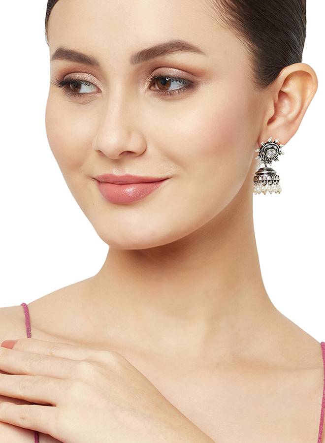 Zircon And Faux Pearls Embellished Brass Silver Jhumka Earrings : 8905124444117