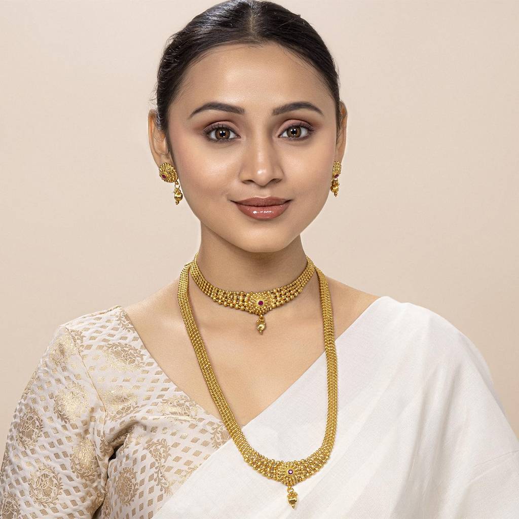 Traditional Gold Plated Maharani Haar Necklace With Earrings South Style Indian Bridal Jewellery Set Gift For W : PF04BR3398RP