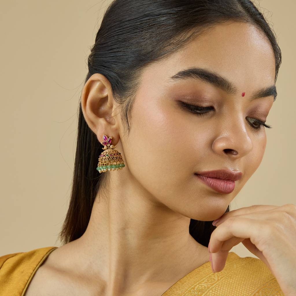 Kushal'S Fashion Jewellery Ruby-Green Gold-Plated Ethnic Antique Jhumkas-433676 : 433676