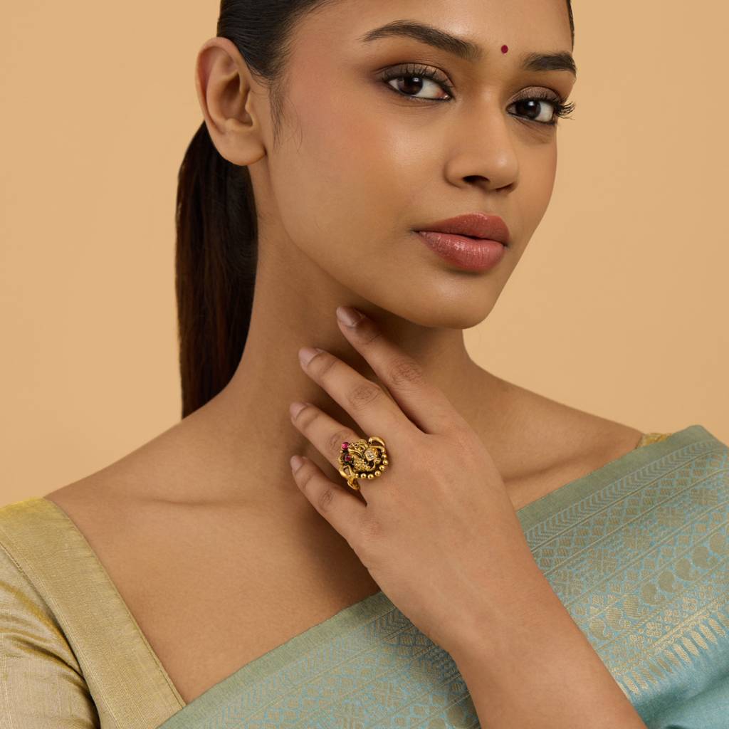 Kushal'S Fashion Jewellery Ruby Gold-Plated 92.5 Pure Silver Temple Finger Ring : 426758