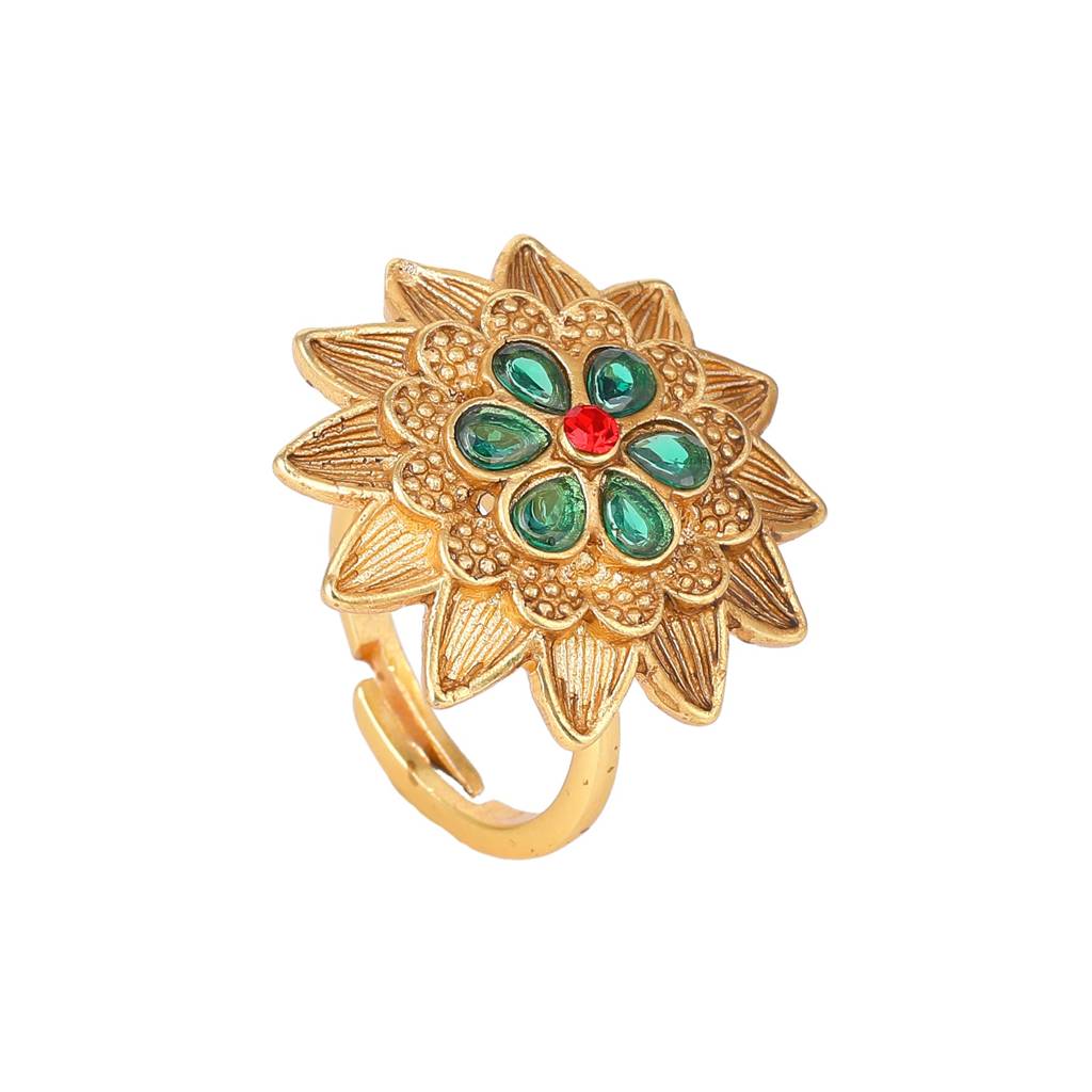 Estele Gold Plated Flower Designer Matte Finish Finger Ring With Multi-Color Crystals For Women. : AD-148-IGGNRBRING
