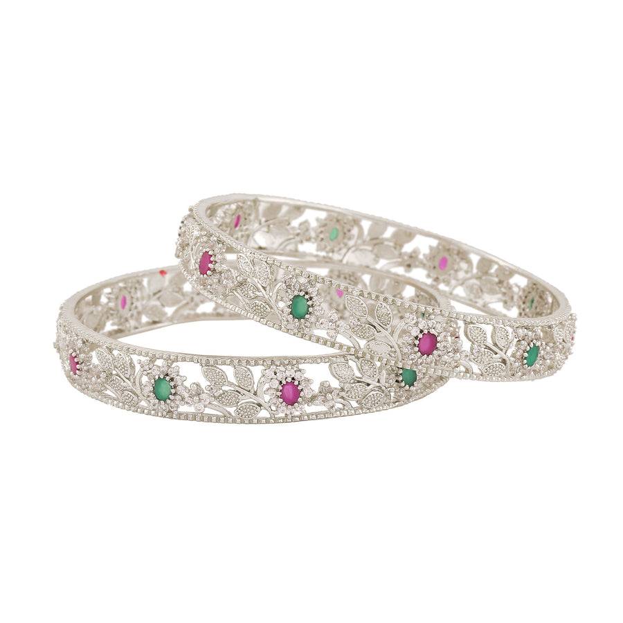 Estele Rhodium Plated Cz Flower Designer Bangles With Pink & Green Stones For Women : AD-001-IRBANGLE