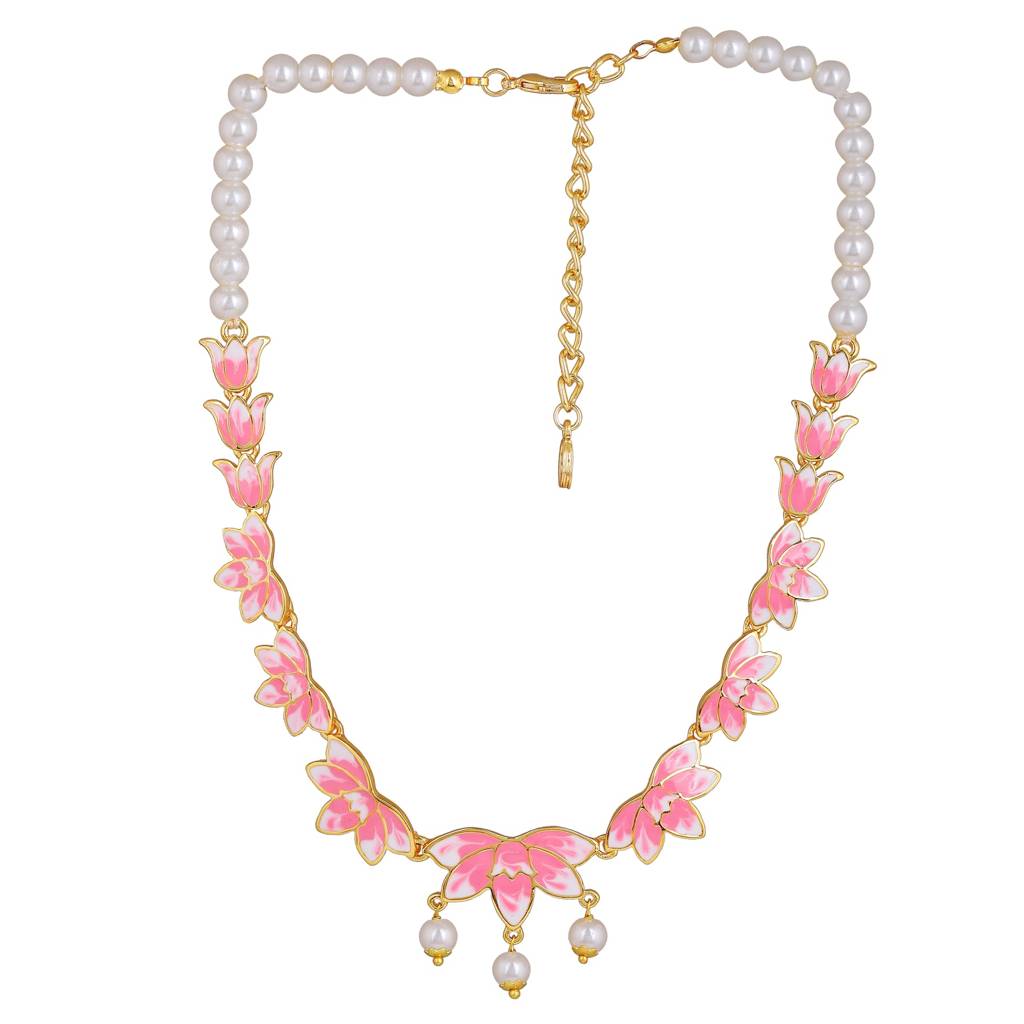 Estele Gold Plated Fascinating Lotus Designer Pearl Necklace Set With Pink Enamel For Girl'S & Women : 10196-IGNKER