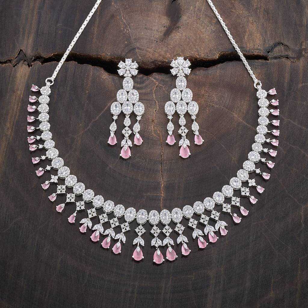 Kushal'S Fashion Jewellery Ruby Rhodium-Plated Cubic Zirconia Studded Jewellery Set-177113 : 424594