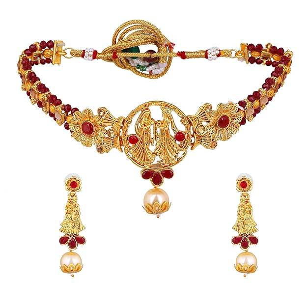 Estele Gold Plated Radha Krishna Designer Gehena Necklace Set With Red Beads For Women : PJ-017-IGRBNKER