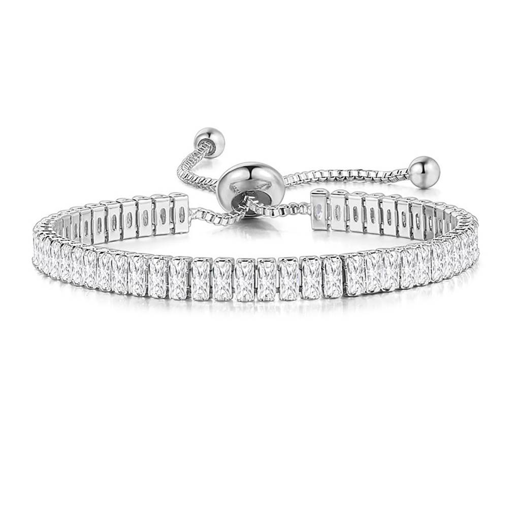 Silver Plated White Baguette Stone Studded Adjustable Tennis Bracelet Stylish Fashion Jewellery For Women & Girls : PX8B80S