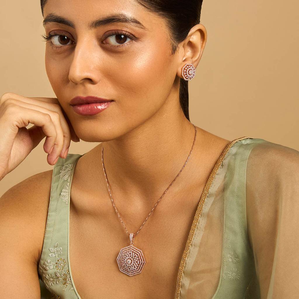 Kushal'S Fashion Jewellery White Rose Gold-Plated Party Wear Zircon Pendant Set-173937 : 417481