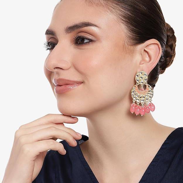 Estele Gold Plated Fascinating Gehena Chandbali Earrings With Mint Pink Beads For Women : PJ-006-IGMPER