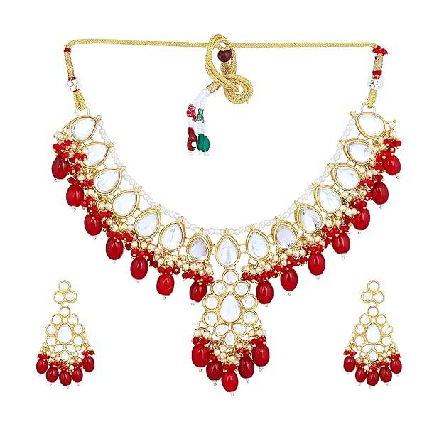 Estele Gold Plated Dazzling Gehena Necklace Set & Maang Tikka With Ruby Beads For Women : PJ-037-IGRBNKERTK