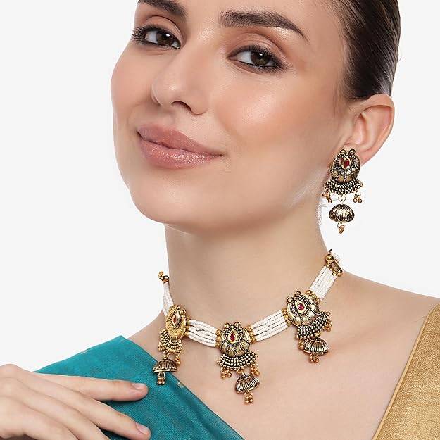 Estele Gold Plated Conventional Antique Gehena Choker Necklace Set With Pearls For Women : PJ-047-IGRBNKER