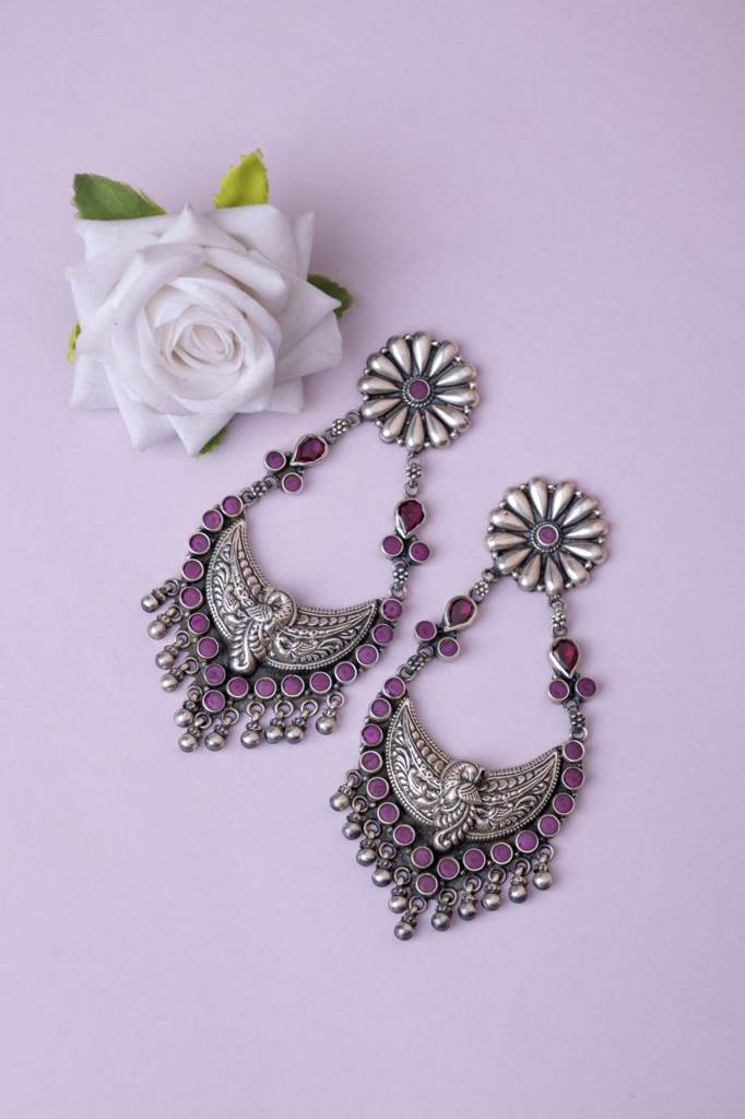 Tattva Peacock Motif Flower Embossed Jadau Statement Earring : SE90685