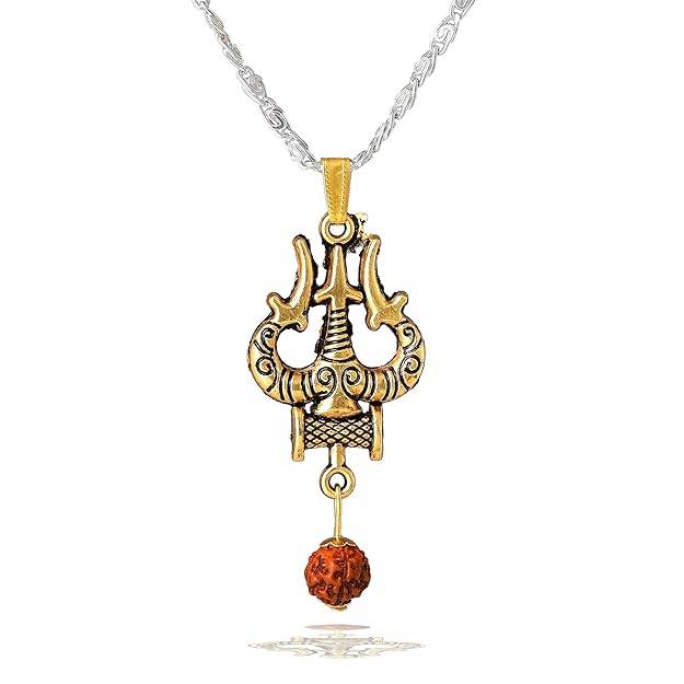 Jewelry Lord Shiva Trishul & Damru Pendant For Men'S: Gold & Rhodium Plated Sacred "Mahadev Bholenath Tri : OSAK003-2TNPENDANT
