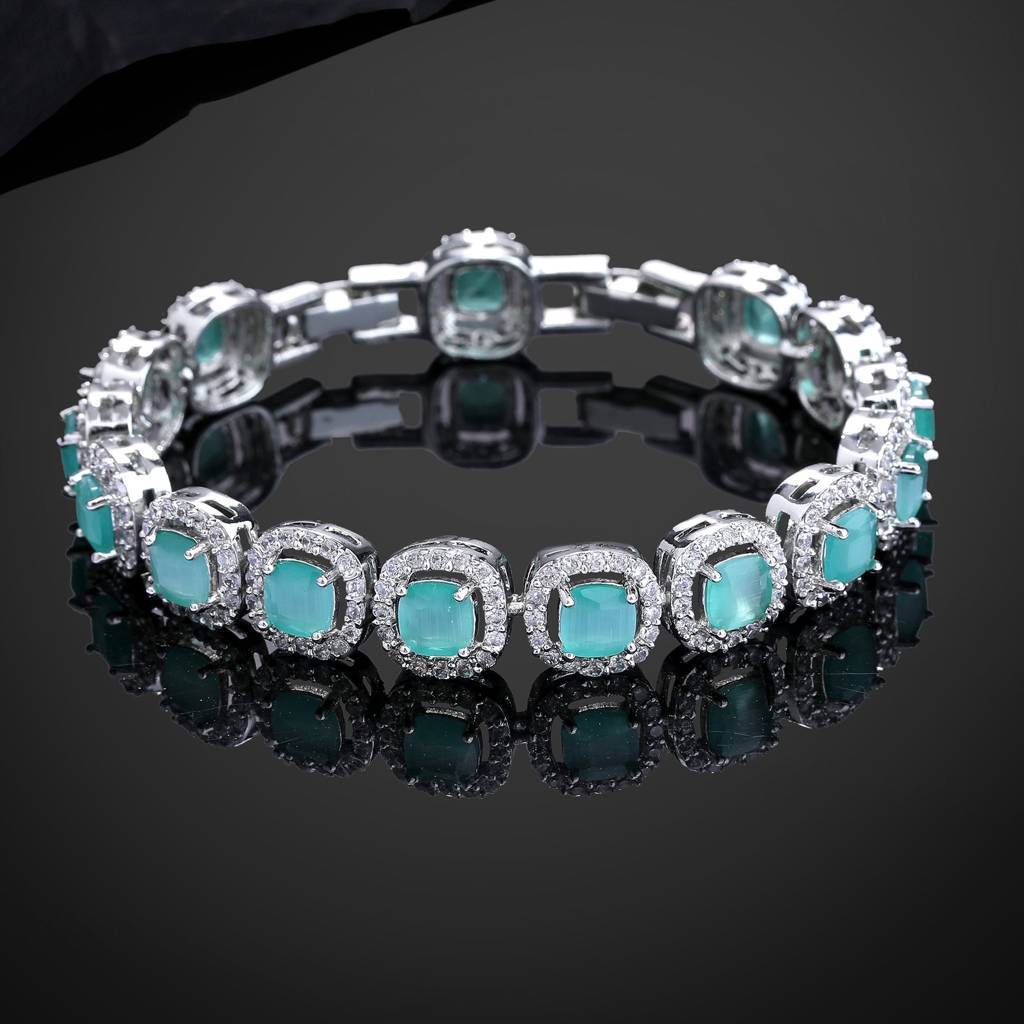 Estele Rhodium Plated Shining Mint Green American Diamonds Adorned Charm Bracelet For Women-Dazzling Charm For : AD-067-IRMGBR