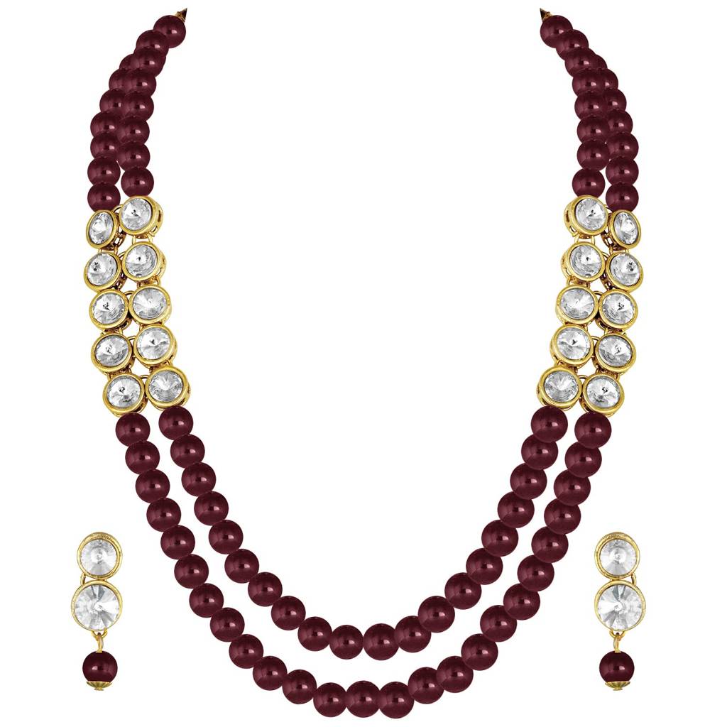 Gold Plated Crystal Pearl Long Necklace With Earring Traditional Jewellery Set For Women Girls : PF24N217M