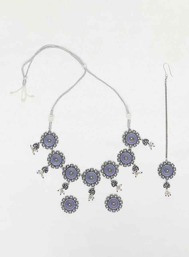 Arabian Nights Floral Motifs Faux Pearls Brass Oxidised Plated Maang Tika Set : 8905124444537