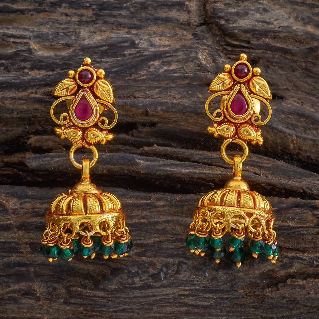 Kushal'S Fashion Jewellery Ruby-Green Gold-Plated Ethnic 92.5 Pure Silver Temple Jhumkas-174155 : 417978