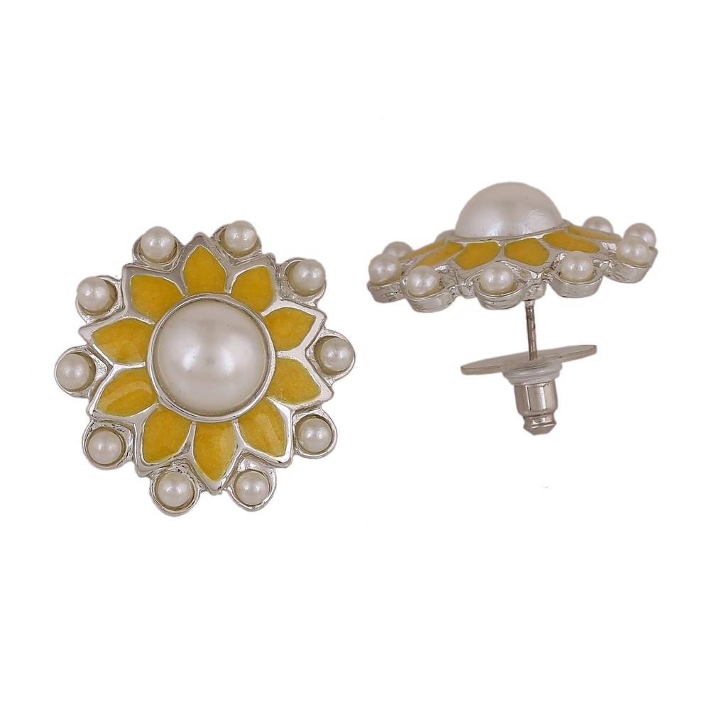 Estele Rhodium Plated Classic Meenakari Pearl Stud Earrings With Yellow Enamel For Women : 798710-IR-HER