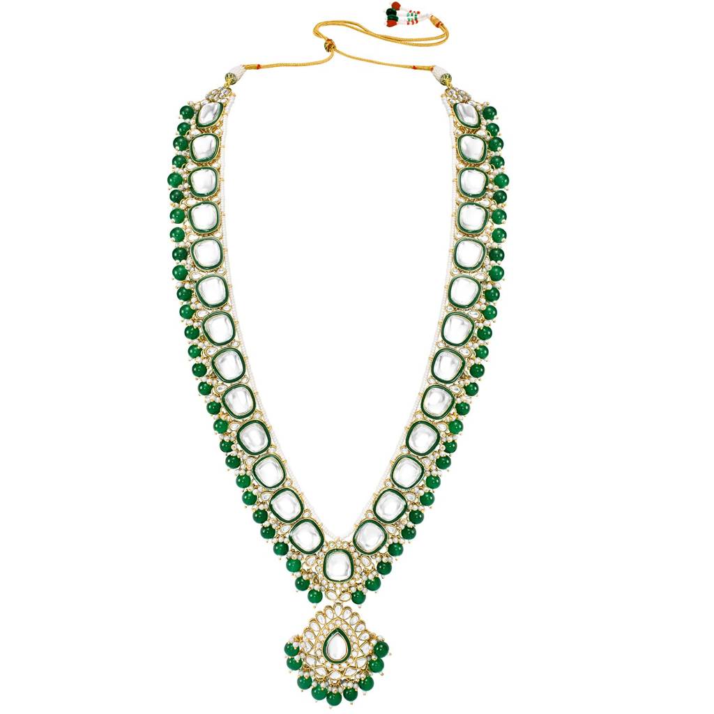 Gold Plated Green Kundan Studded Long Necklace Earrings And Maangtikka Set Ethnic Traditional Jewellery For Women  : PF28N314G