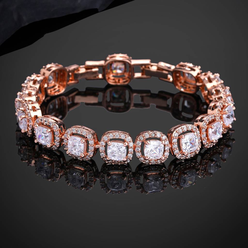 Estele Rosegold Plated Glistening White American Diamonds Charm Bracelet|Classic Jewelry For Modern Girls & Wo : AD-067-RGWEBR