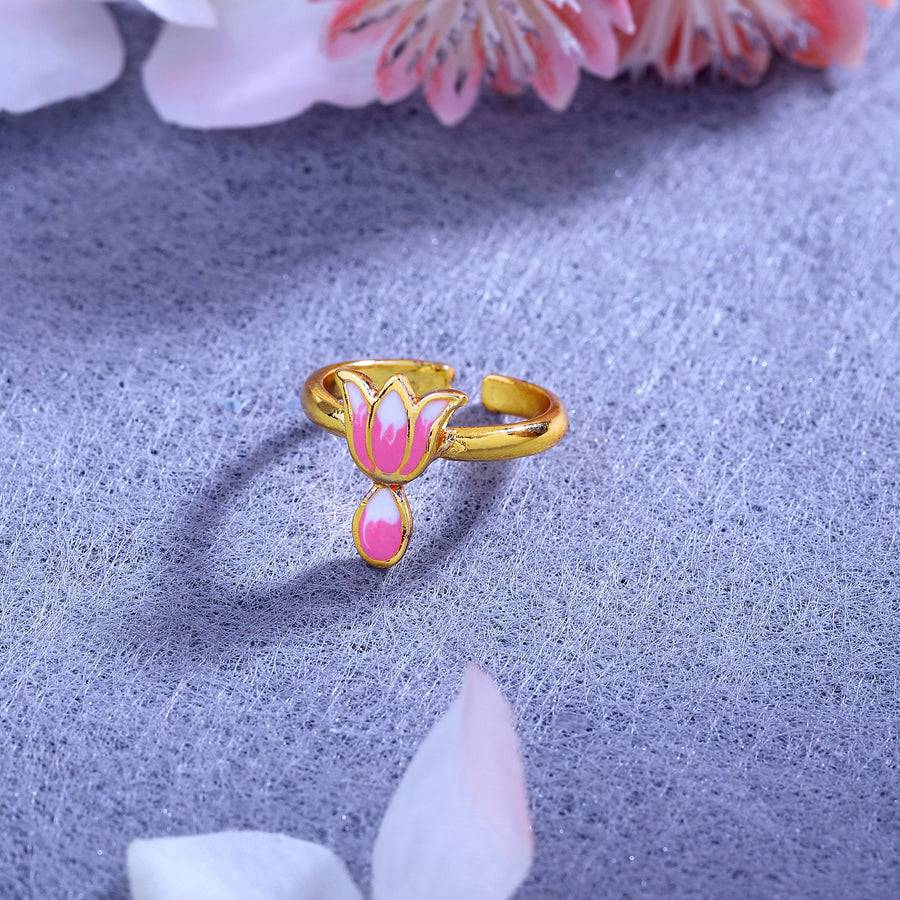 Estele Gold Plated Pink Enamel Lotus Designer Adjustable Finger Ring For Girl'S & Women : AD-145-IGRING