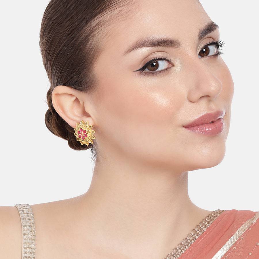 Estele Gold Plated Flower Designer Matte Finish Stud Earrings With Ruby Crystals For Women : AD-116712-IGRBER