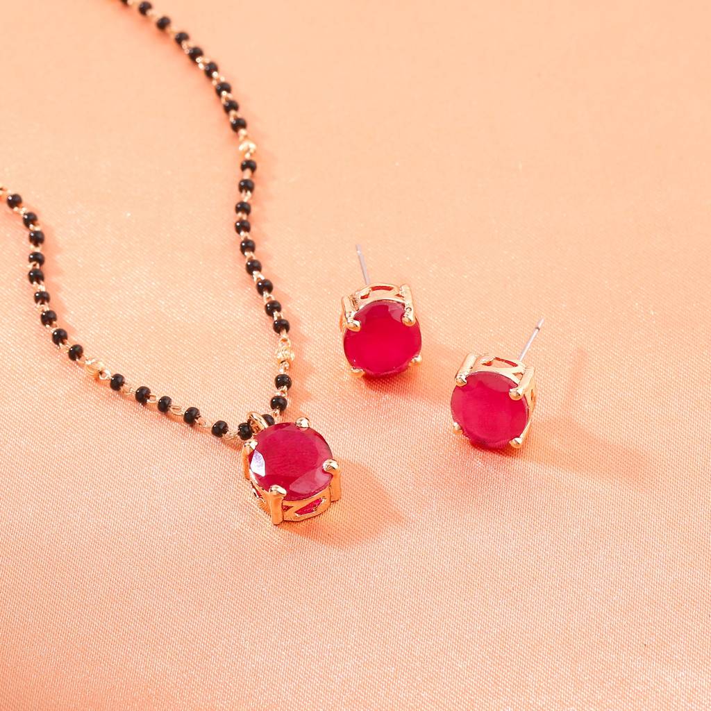 Estele Rose Gold Plated Cz Spherical Maangalsutra Necklace Set With Ruby Stones For Women : ADMS040-RGRBNKER