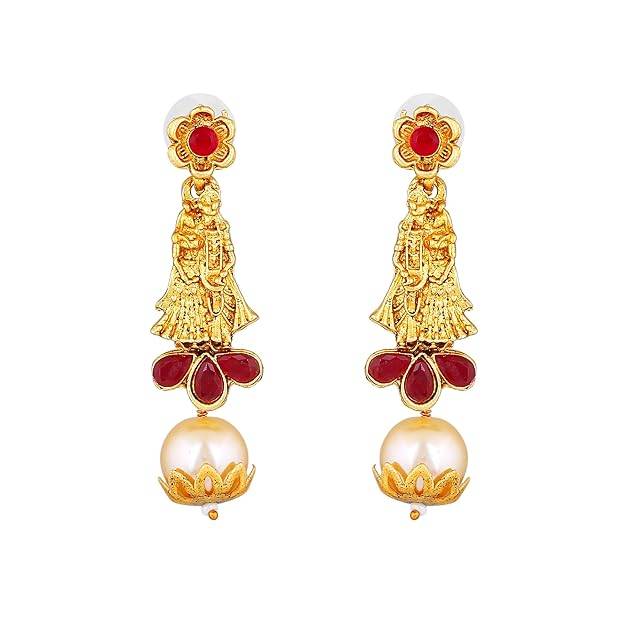 Estele Gold Plated Radha Krishna Designer Gehena Necklace Set With Red Beads For Women : PJ-017-IGRBNKER
