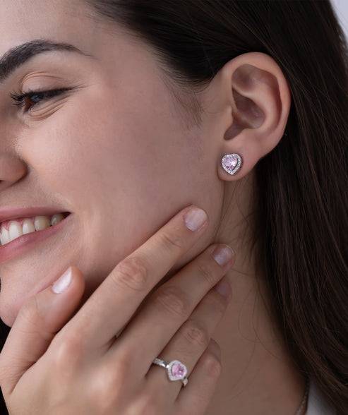 18K Gold Vermeil Romantic Pink Heart Halo Pendant And Earring Set For Her | Gift For Womens And Girls : KES0035_KNP0070