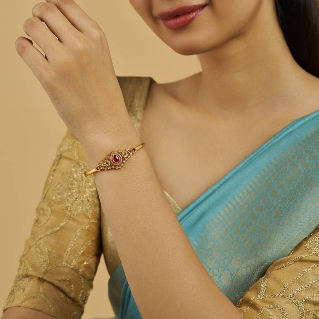 Kushal'S Fashion Jewellery Ruby-Green Gold-Plated Synthetic Stones Ethnic Antique Kada-181261 : 433385