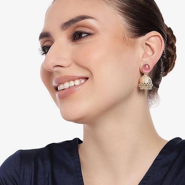 Estele Gold Plated Traditional Gehena Jhumka Earrings With Mint Pink Eanamel For Women : PJ-002-IGMPER