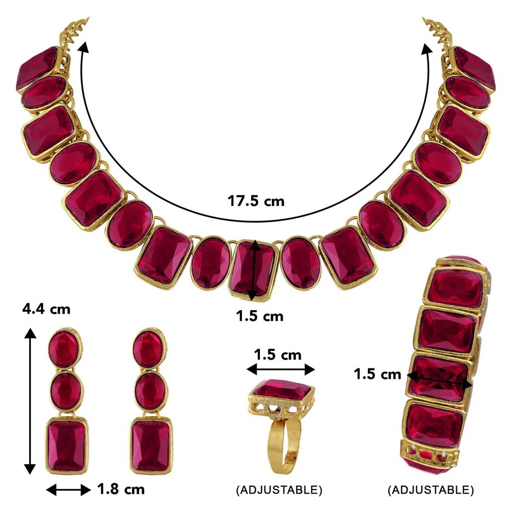 Gold Plated Square Rani Pink Crystal Necklace With Drop Earrings Bracelet Finger Ring Indian Ethnic Set For Women  : PF24N18RP