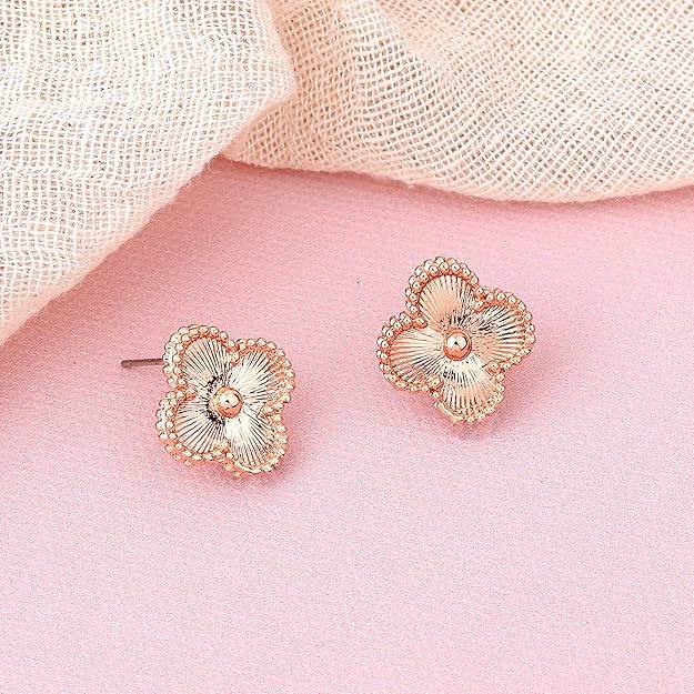 Estele Rosegold Plated Stylish & Trendy Four Leaf Clover Designer Stud Earrings For Women And Girls : 10201-RG-ERER