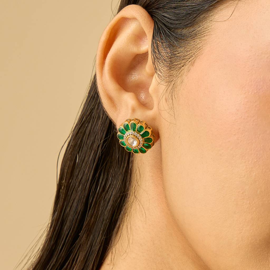 Green Plated Ethnic Kundan Studs-442176 : 442176