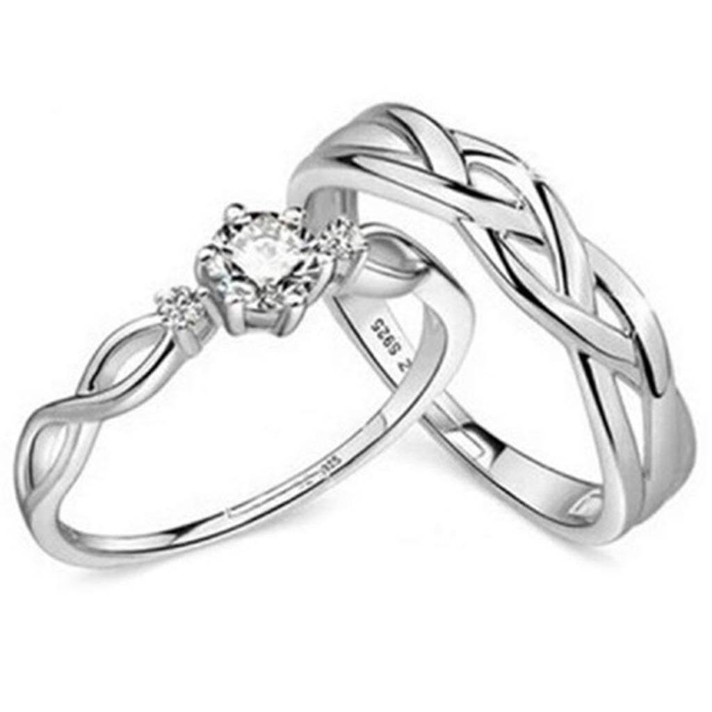 Silver Plated Classic Solitaire Couple Rings For Lovers Promise Engagement Wedding Band Valentine Jewellery Gift Set : PFCCR21