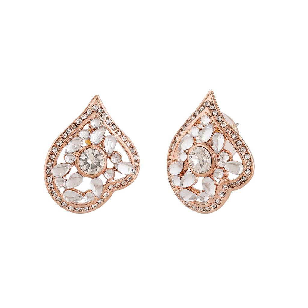 Estele Rosegold Plated Leaf Shaped Stud Earrings With Kundan For Women : 747705-RGER