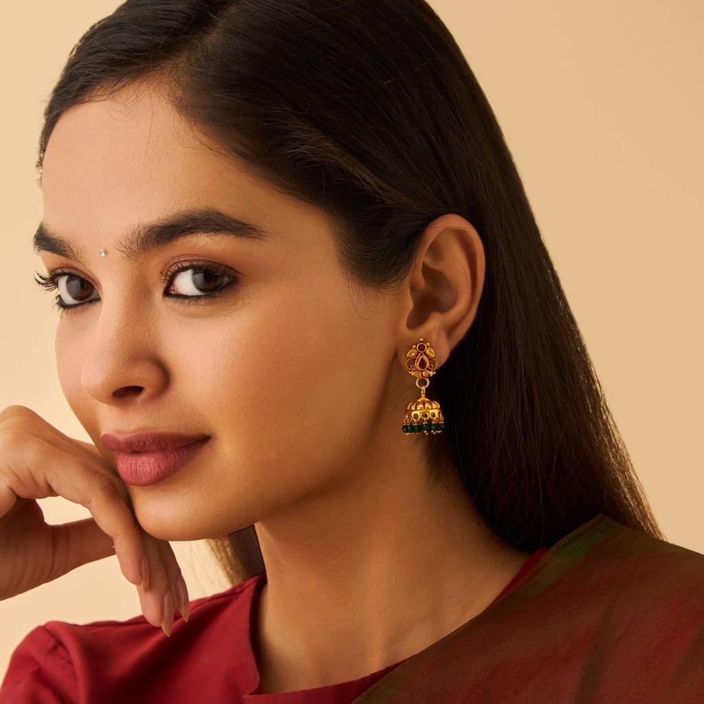 Kushal'S Fashion Jewellery Ruby-Green Gold-Plated Ethnic 92.5 Pure Silver Temple Jhumkas-174155 : 417978