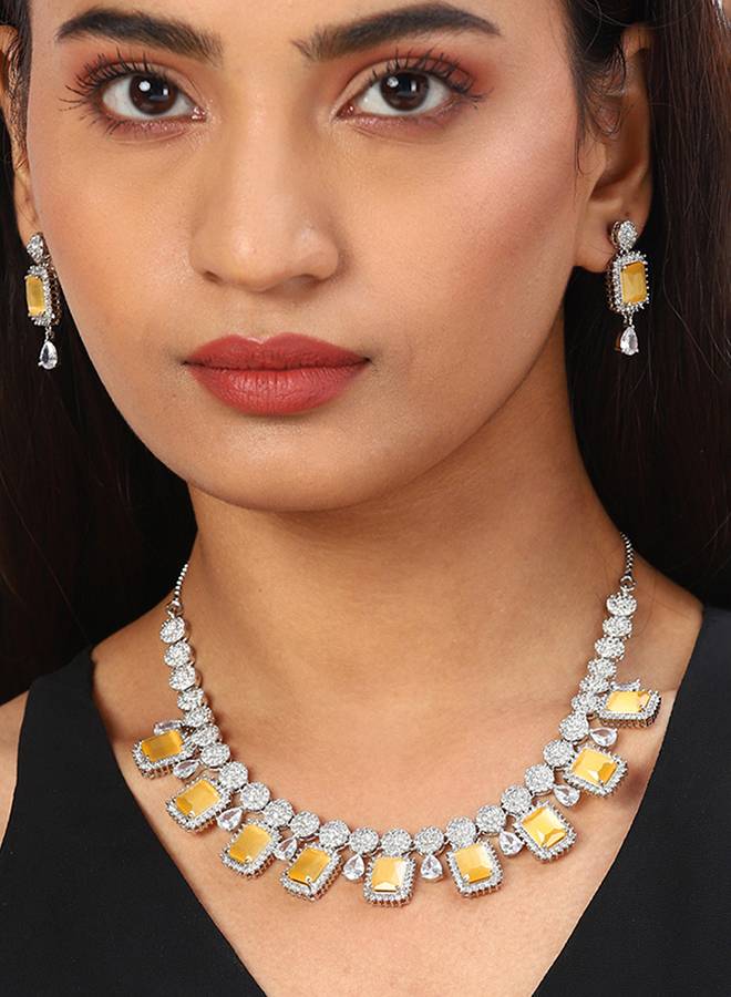 Cz Silver Plated Pearl Brass Necklace Set With Yellow Stone : 8905124435450