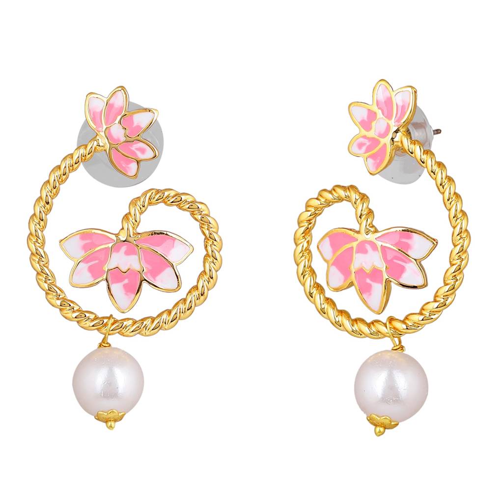 Estele Gold Plated Pink Enamel Lotus Designer Pearl Drop Earrings For Girl'S & Women : 799705-IGER