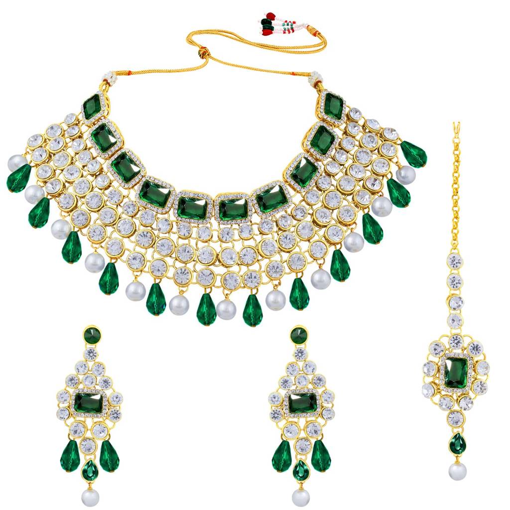 Crystal Choker Necklace With Maang Tikka Earrings Indian Traditional Bridal Wedding Jewellery Set For Women Girls- : PF25N708G