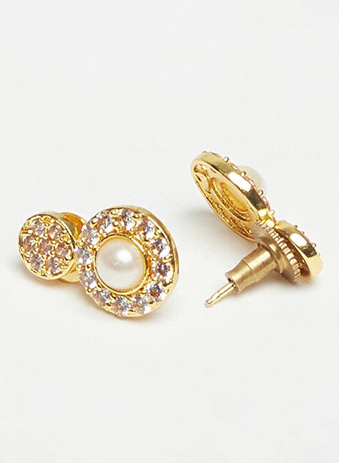 Gold Toned Floral Design Pearl Beads Embedded Necklace Set : 8905124438598