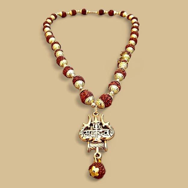 Mahadev Trishul Damru Pendant Mala With Rudraksha Beads Spiritual Chain For Men : OSAK055-IGBRNPENDANT
